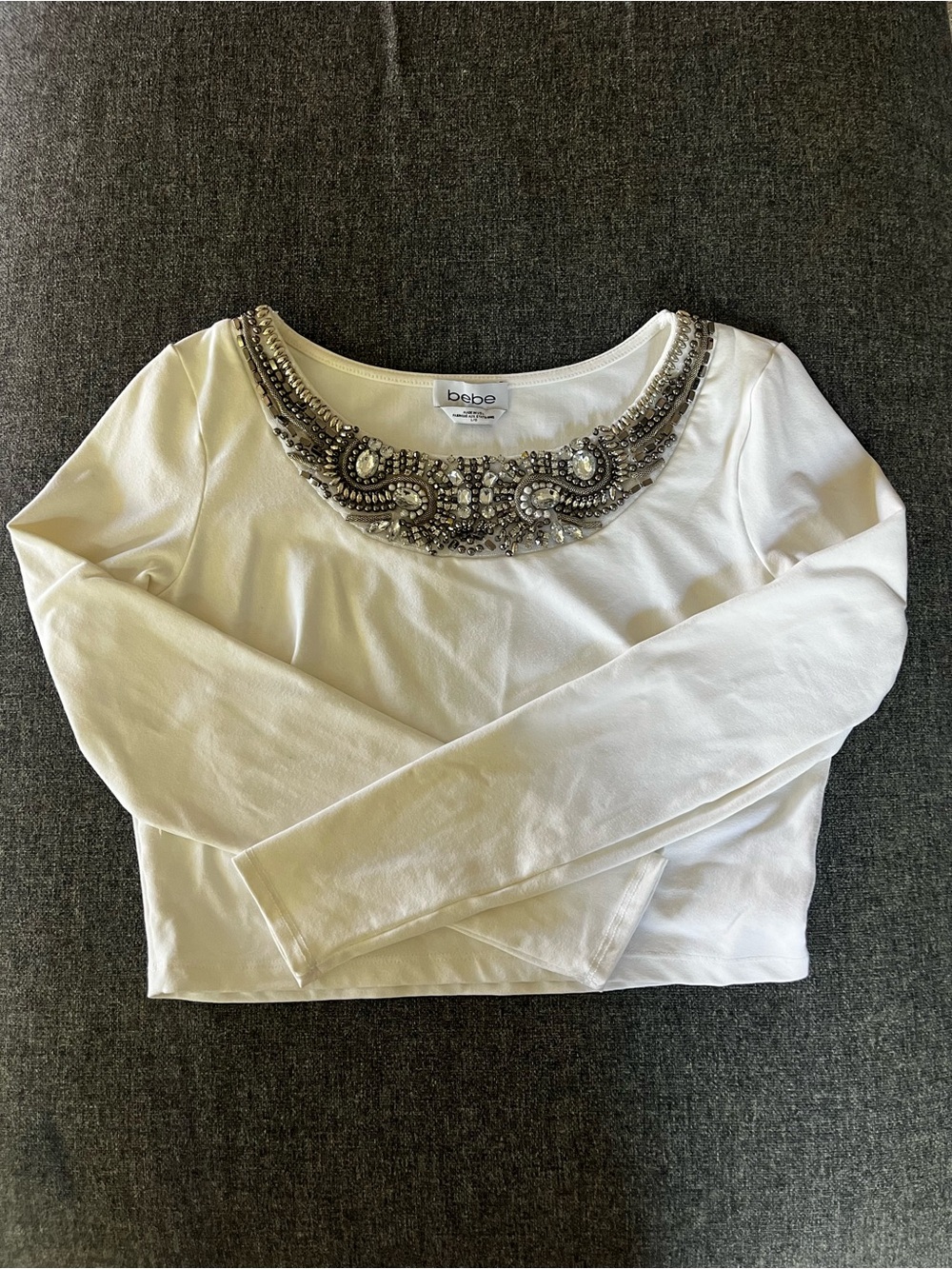 bebe White Long Sleeve Top with Beaded Jeweled Collar